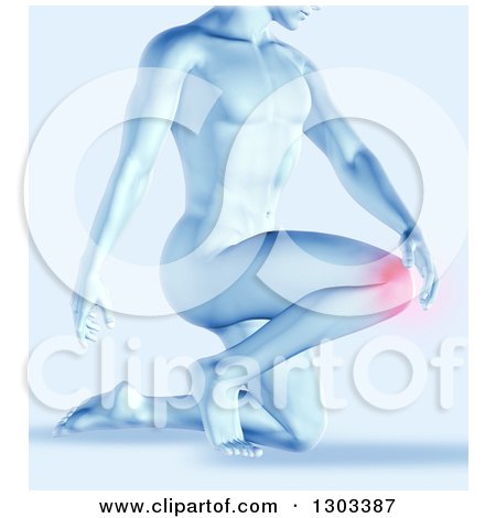 Clipart of a 3d Blue Anatomical Man Kneeling with Highlighted Knee Pain - Royalty Free Illustration by KJ Pargeter