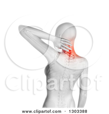 Clipart of a 3d Anatomical Woman with Glowing Neck Pain and a Visible Skeleton, over White - Royalty Free Illustration by KJ Pargeter