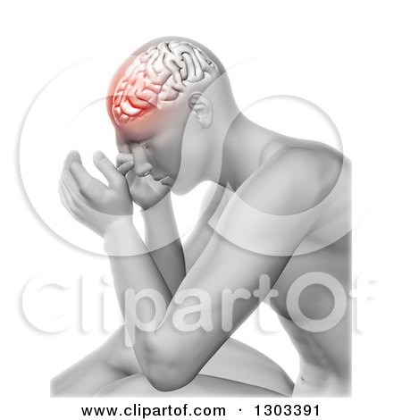 Clipart of a 3d Anatomical Man with a Visible Brain and Red Head Pain, over White - Royalty Free Illustration by KJ Pargeter
