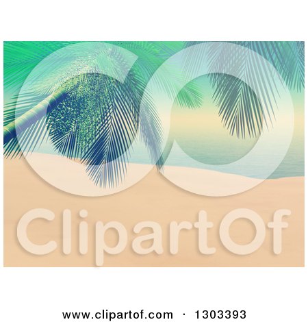 Clipart of a 3d Tropical Beach with a Palm Tree and a Vintage Effect - Royalty Free Illustration by KJ Pargeter