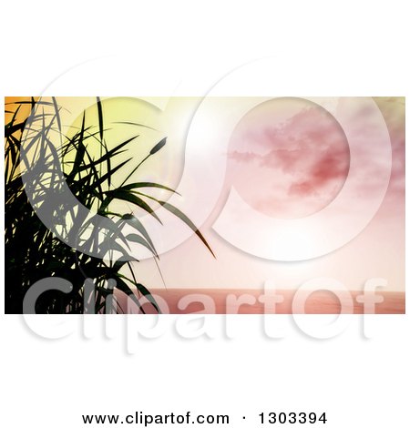 Clipart of a 3d Grassy Plant Silhouetted Against a Pink Sky with Sun Flares and the Ocean - Royalty Free Illustration by KJ Pargeter