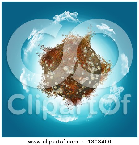 Clipart of a 3d Globe with Rocks and Grass over a Circle of Clouds and Blue - Royalty Free Illustration by KJ Pargeter
