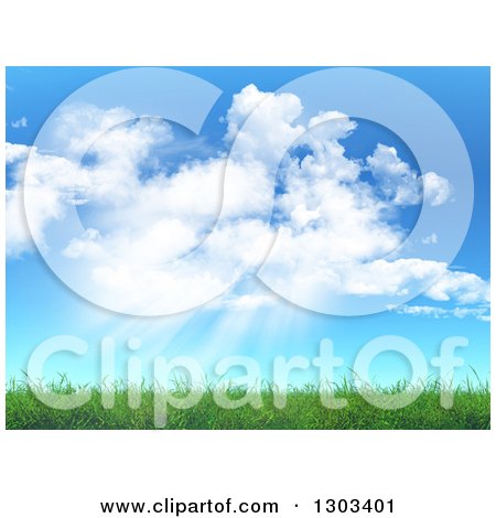 Clipart of a Background of Clouds and Sun Shining down on 3d Green Spring Grass - Royalty Free Illustration by KJ Pargeter