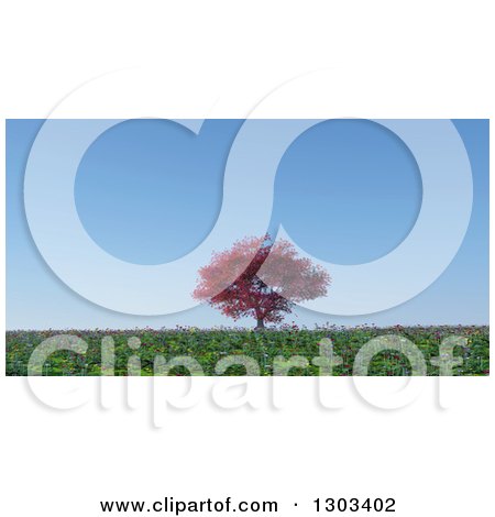 Clipart of a 3d Large Autumn Maple Tree in a Flat Grassy and Poppy Meadow - Royalty Free Illustration by KJ Pargeter