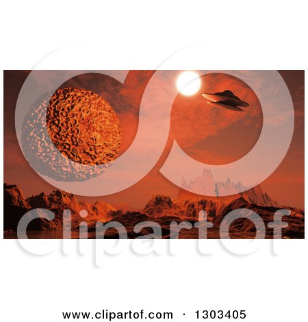Clipart of a 3d Foreign Planet Landscape with a Spaceship and Sun - Royalty Free Illustration by KJ Pargeter