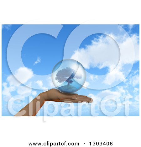Clipart of a 3d Caucasian Female Hand Holding a Tree in a Sphere over Blue Sky and Clouds - Royalty Free Illustration by KJ Pargeter