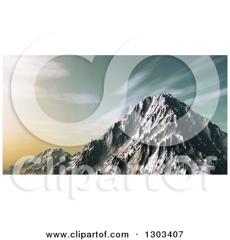 Clipart of a 3d Snowy Mountain Peak Against a Sunset Sky - Royalty Free Illustration by KJ Pargeter