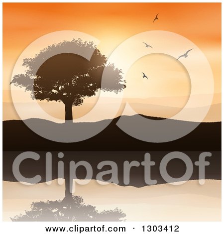 Clipart of a Silhouetted Tree and Hills with Flying Birds Reflecting in Water Against an Orange Sunset - Royalty Free Vector Illustration by KJ Pargeter
