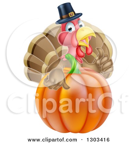Clipart of a Pleased Thanksgiving Turkey Bird Wearing a Pilgrim Hat and Giving a Thumb up over a Pumpkin - Royalty Free Vector Illustration by AtStockIllustration