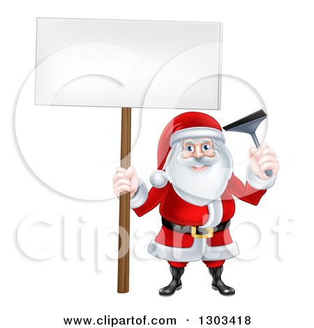Clipart of a Happy Christmas Santa Claus Window Washer Holding a Blank Sign and Squeegee - Royalty Free Vector Illustration by AtStockIllustration