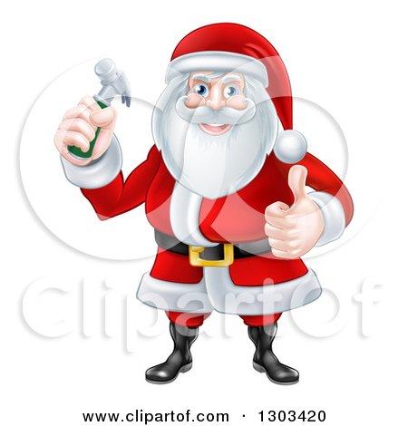 Clipart of a Happy Christmas Santa Claus Carpenter Holding a Hammer and Giving a Thumb up - Royalty Free Vector Illustration by AtStockIllustration