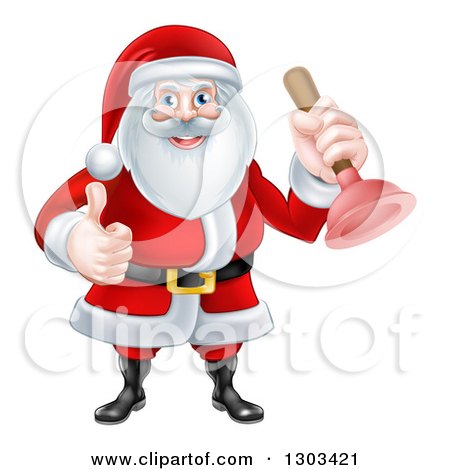 Clipart of a Happy Christmas Santa Claus Plumber Holding a Plunger and Giving a Thumb up - Royalty Free Vector Illustration by AtStockIllustration
