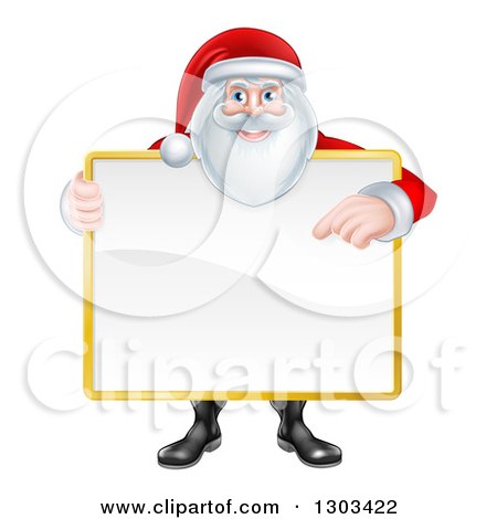 Clipart of a Happy Christmas Santa Claus Holding and Pointing to a Blank Sign - Royalty Free Vector Illustration by AtStockIllustration