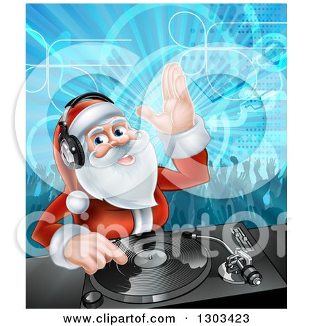 Clipart of a Santa Claus Dj Mixing Christmas Music on a Turntable with People Dancing in the Background - Royalty Free Vector Illustration by AtStockIllustration