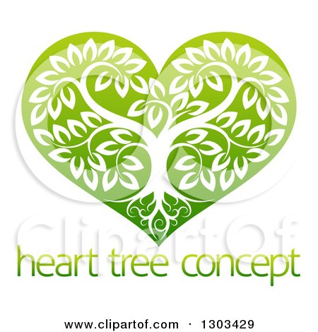 Clipart of a Tree with Roots and Leafy Branches Inside a Gradient Green Heart over Sample Text - Royalty Free Vector Illustration by AtStockIllustration