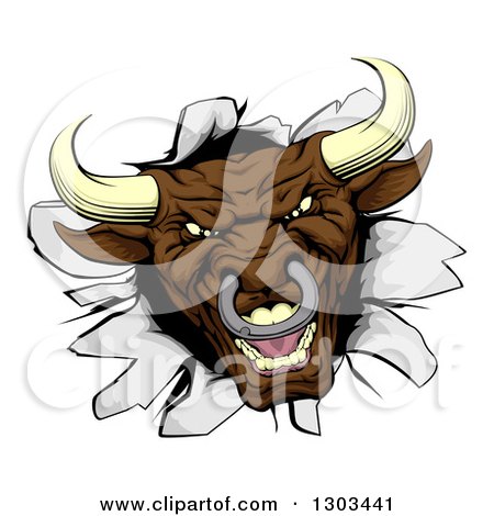 Clipart of a Mad Aggressive Brown Bull Breaking Through a Wall - Royalty Free Vector Illustration by AtStockIllustration