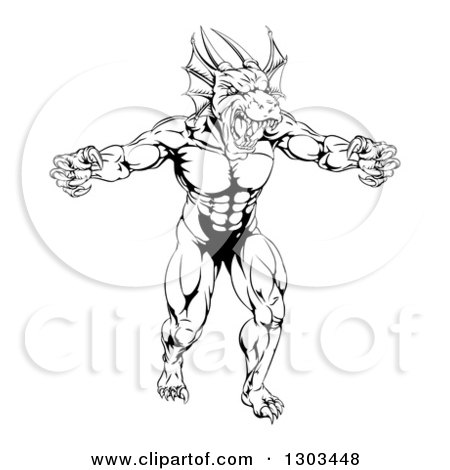 Clipart of a Black and White Muscular Aggressive Dragon Man Mascot Walking Upright - Royalty Free Vector Illustration by AtStockIllustration