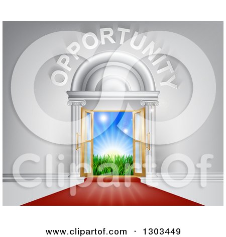 Clipart of a Red Carpet Leading to a Doorway with Grass and Sunshine and Opportunity Text - Royalty Free Vector Illustration by AtStockIllustration