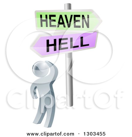 Clipart of a 3d Silver Man Looking up at Heaven or Hell Cross Roads Signs - Royalty Free Vector Illustration by AtStockIllustration