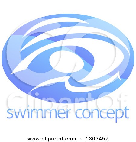 Clipart of a Shiny Gradient Blue Abstract Swimmer Doing the Butterfly in Waves over Sample Text - Royalty Free Vector Illustration by AtStockIllustration