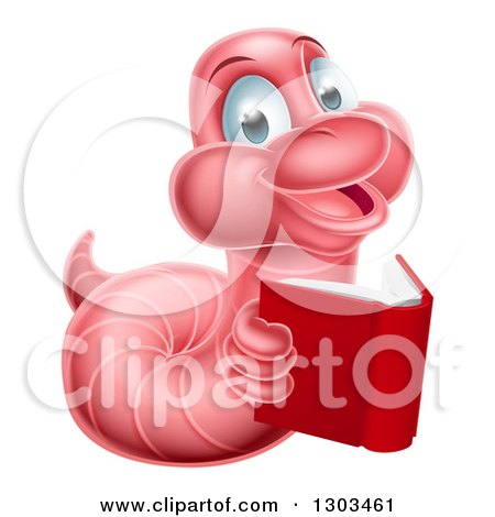 Clipart of a Pink Earthworm Holding a Book - Royalty Free Vector Illustration by AtStockIllustration