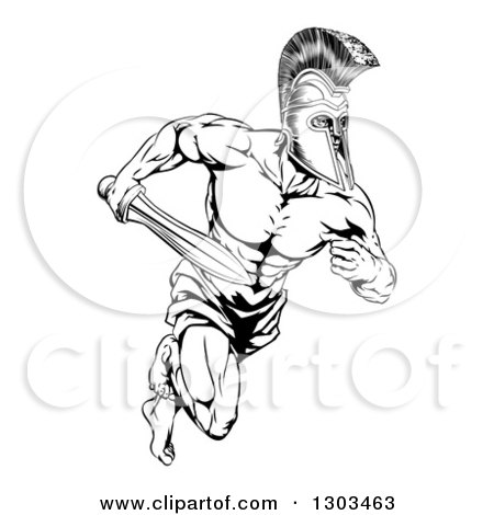 Clipart of a Black and White Gladiator Man in a Helmet Sprinting with a Sword - Royalty Free Vector Illustration by AtStockIllustration