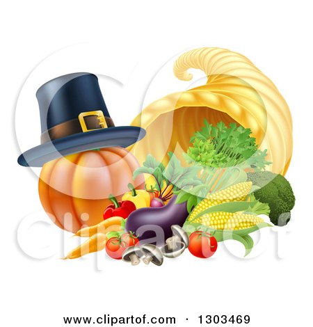 Clipart of a Pilgrim Hat on a Pumpkin by a Thanksgiving Horn of Plenty Cornucopia and Vegetables - Royalty Free Vector Illustration by AtStockIllustration