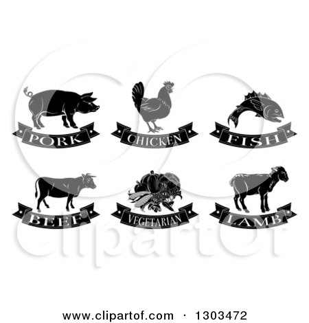Clipart of Black and White Pork, Chicken, Fish, Beef, Vegetarian and Lamb Food Designs - Royalty Free Vector Illustration by AtStockIllustration
