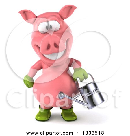 Clipart of a 3d Happy Gardener Pig Using a Watering Can - Royalty Free Illustration by Julos