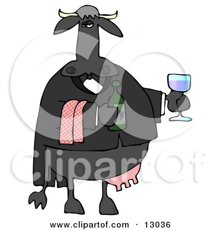 Male Cow Waiting Tables and Serving Wine Clipart Illustration by djart