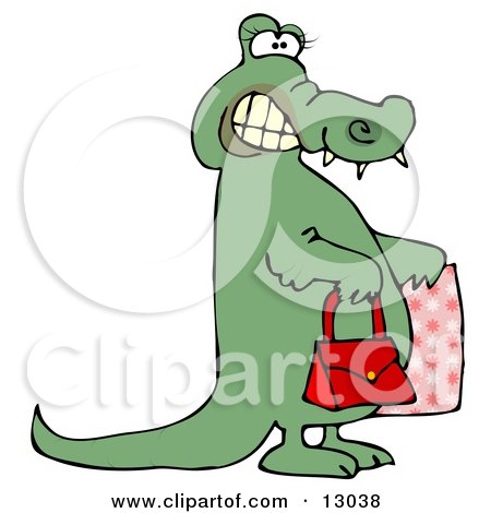 Female Alligator Grinning and Carrying a Purse and Bag While Shopping Clipart Illustration by djart