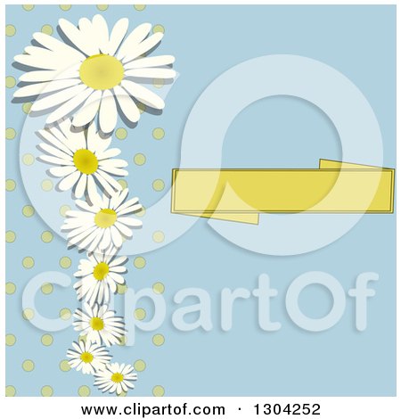 Clipart of a Blank Banner, Polka Dot and Daisy or Chamomile Flowers on Blue Invitation Background - Royalty Free Vector Illustration by elaineitalia