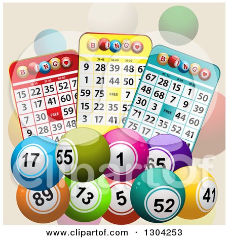 Clipart of 3d Colorful Bingo Balls with Cards on Tan - Royalty Free Vector Illustration by elaineitalia