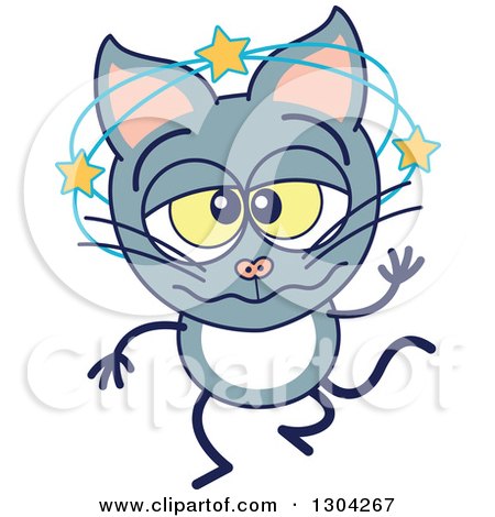 Clipart of a Cartoon Dizzy Gray Cat Character - Royalty Free Vector Illustration by Zooco