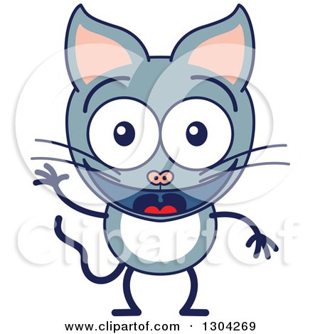 Clipart of a Cartoon Friendly Greeting Gray Cat Character Waving - Royalty Free Vector Illustration by Zooco