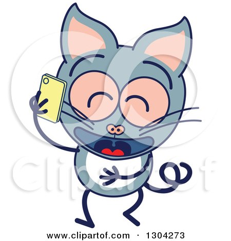 Clipart of a Cartoon Gray Cat Character Laughing and Talking on a Cell Phone - Royalty Free Vector Illustration by Zooco