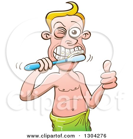 Clipart of a Cartoon White Man Giving a Thumb up and Brushing His Teeth While Wearing a Towel - Royalty Free Vector Illustration by Zooco