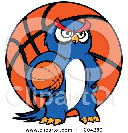 Clipart of a Cartoon Blue Sporty Owl Holding a Basketball over a Giant Ball - Royalty Free Vector Illustration by Vector Tradition SM