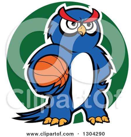 Clipart of a Cartoon Outlined Blue Sporty Owl Holding a Basketball over a Green Circle - Royalty Free Vector Illustration by Vector Tradition SM