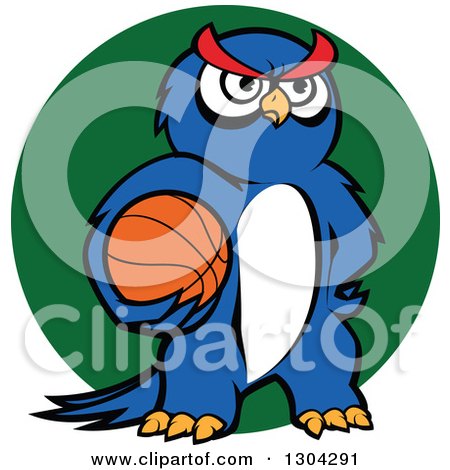 Clipart of a Cartoon Blue Sporty Owl Holding a Basketball over a Green Circle - Royalty Free Vector Illustration by Vector Tradition SM