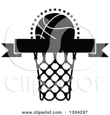 Clipart of a Black and White Blank Black Banner with a Basketball and Hoop - Royalty Free Vector Illustration by Vector Tradition SM