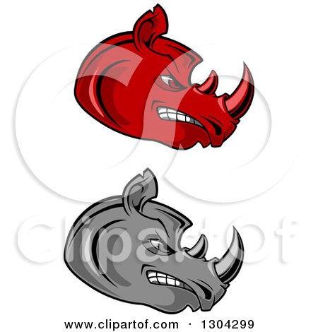 Clipart of Cartoon Angry Red and Gray Rhinoceros Heads in Profile - Royalty Free Vector Illustration by Vector Tradition SM