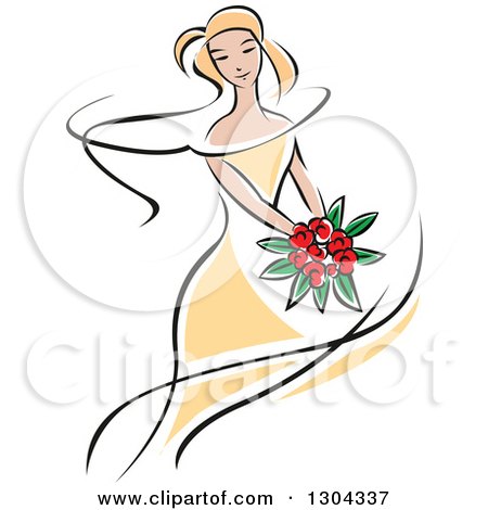 Clipart of a Retro Sketched Blond Caucasian Bride in a Yellow Dress, Holding a Bouquet of Red Flowers 2 - Royalty Free Vector Illustration by Vector Tradition SM