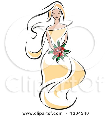 Clipart of a Retro Sketched Blond Caucasian Bride in a Yellow Dress, Holding a Bouquet of Red Flowers - Royalty Free Vector Illustration by Vector Tradition SM