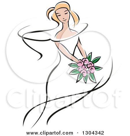 Clipart of a Retro Sketched Blond Caucasian Bride with a Bouquet of Pink Flowers - Royalty Free Vector Illustration by Vector Tradition SM