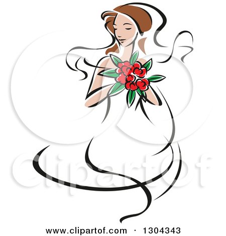 Clipart of a Retro Sketched Brunette Caucasian Bride with a Bouquet of Pink Flowers - Royalty Free Vector Illustration by Vector Tradition SM