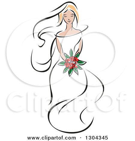 Clipart of a Retro Sketched Blond Caucasian Bride with a Bouquet of Red Flowers - Royalty Free Vector Illustration by Vector Tradition SM