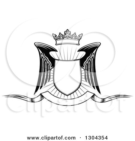 Clipart of a Black and White Winged Shield and Crown over a Burst - Royalty Free Vector Illustration by Vector Tradition SM
