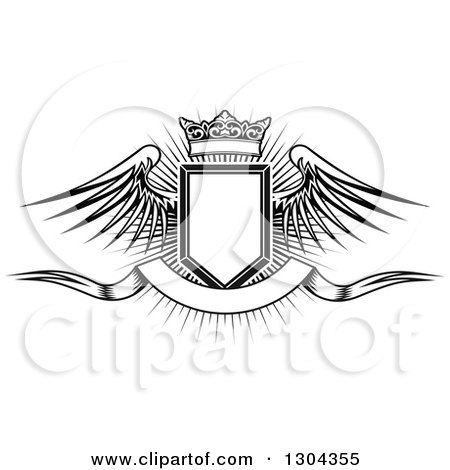 Clipart of a Black and White Winged Shield, Black Banner and Crown over a Burst - Royalty Free Vector Illustration by Vector Tradition SM