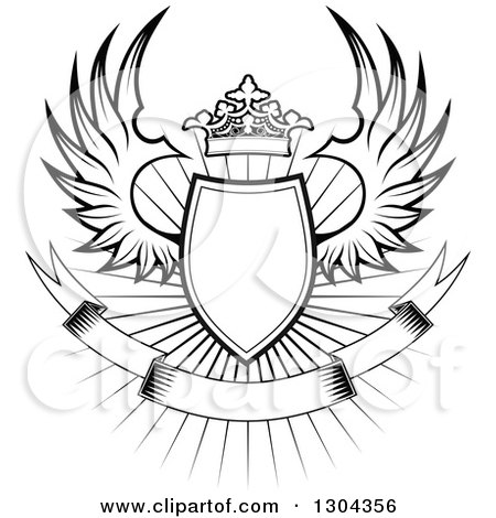 Clipart of a Black and White Winged Shield, Black Banner and Crown over a Burst 2 - Royalty Free Vector Illustration by Vector Tradition SM